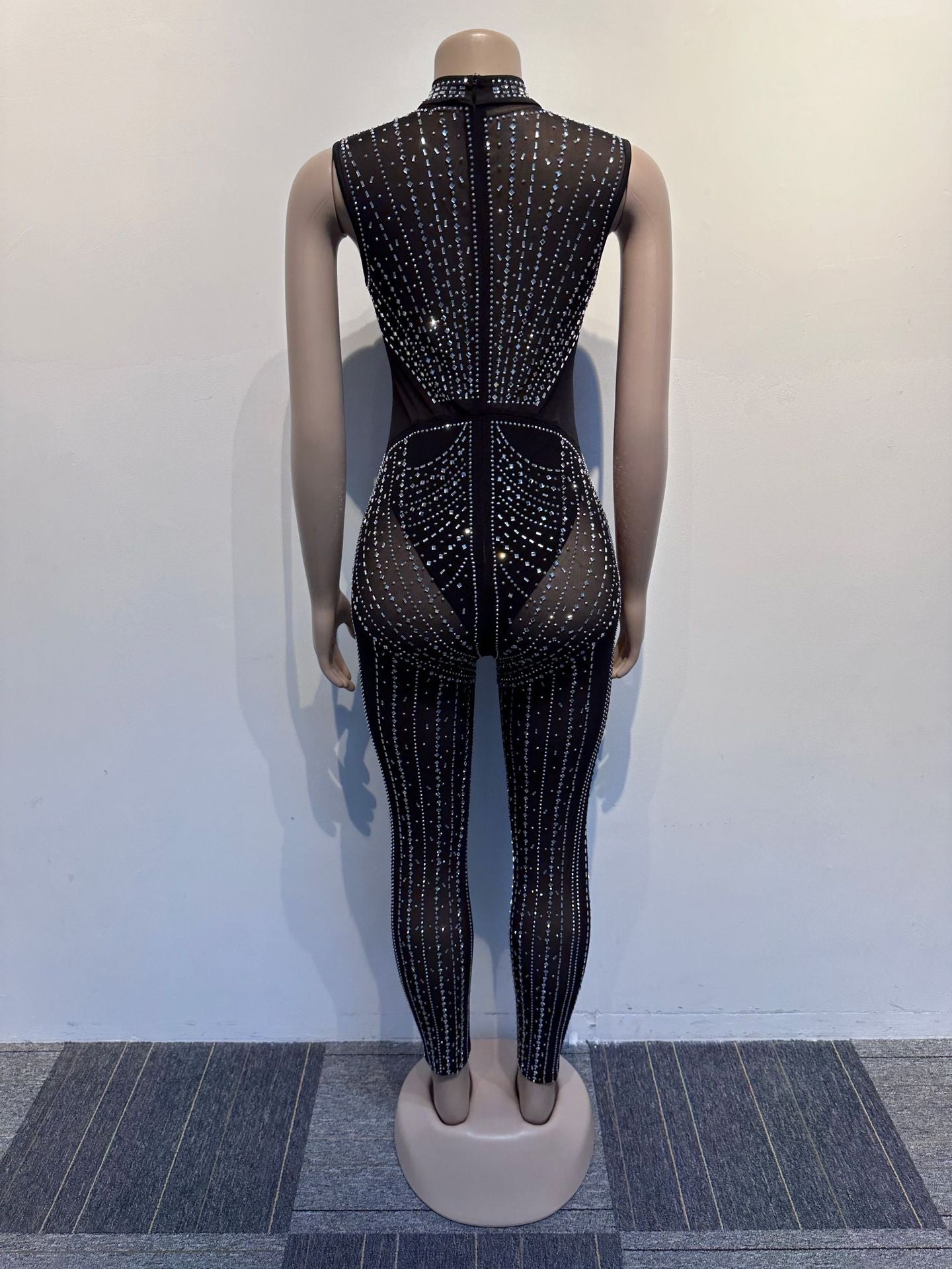 Women Sexy Beaded See-Through Bodycon Stretch Sleeveless Jumpsuit 11