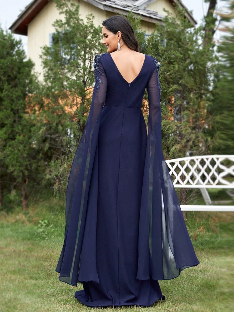 Women's Formal Cocktail Evening Chic Square Neck Long Sleeve Floor Length Chiffon Evening Dress 3