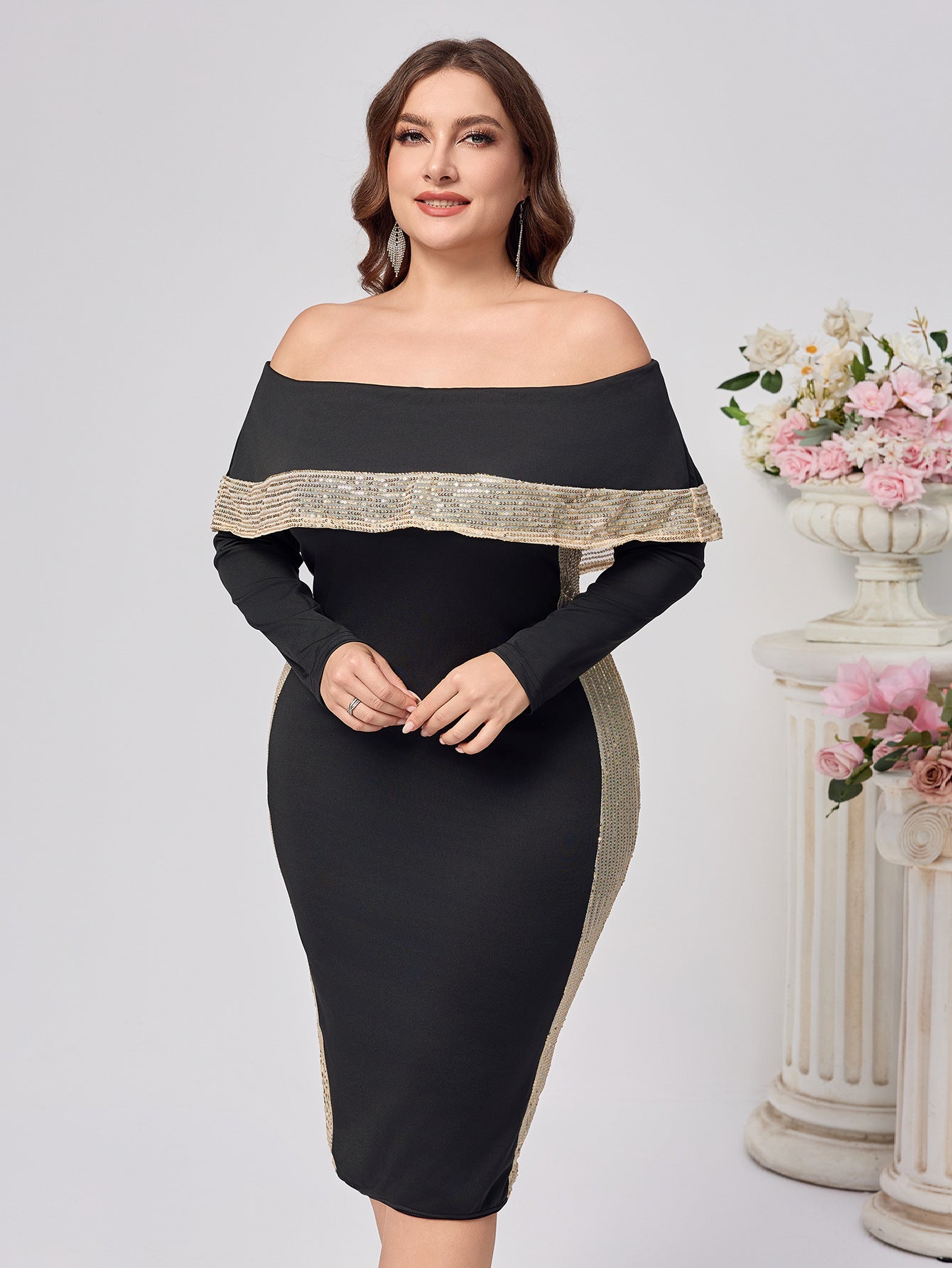 Plus Size Women Off Shoulder Long Sleeve Sequin Sexy Dress