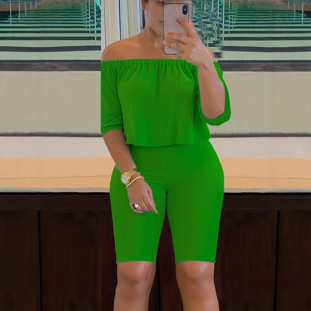 Off-Shoulder Top High-Stretch Shorts Summer Two-Piece Set 8