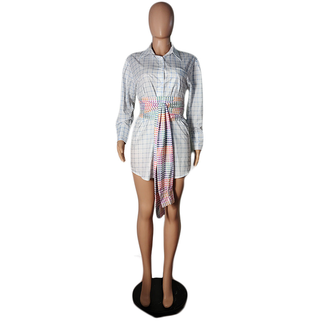 Women Contrast Belt Plaid Shirt dress 9