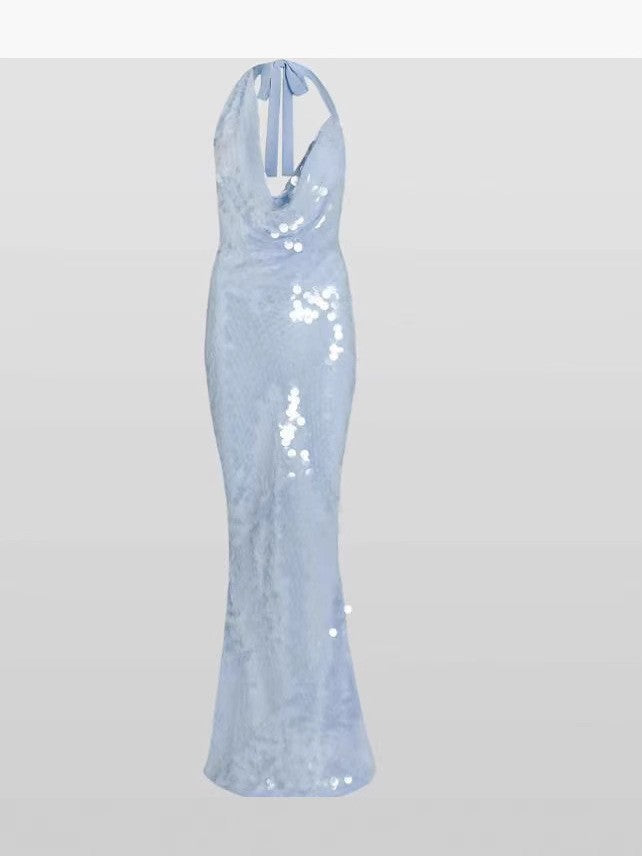 Fashionable sexy women's sequin strap slim Low Back long dress 8