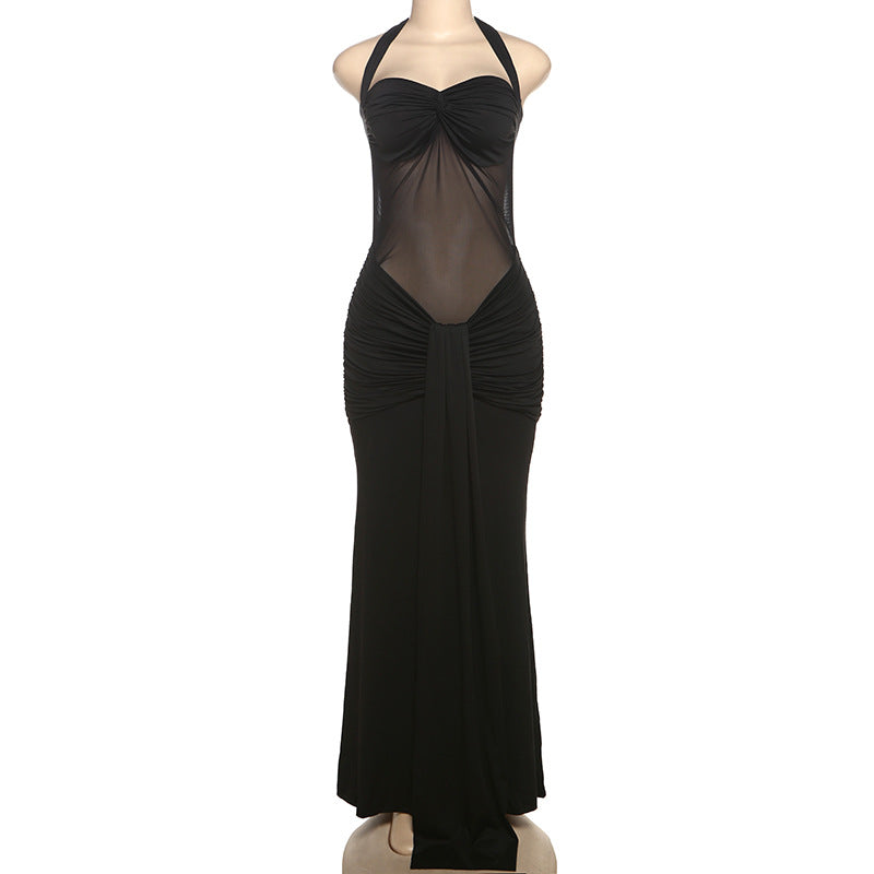 Women Halter Neck Lace Solid Mesh See-Through Sexy Ribbon Maxi Dress 6