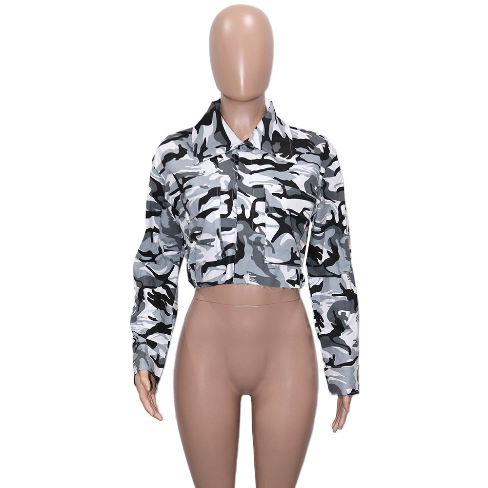 Women'S Long Casual Fashion Camouflage Print Big Pocket Turndown Collar Short Jacket 20