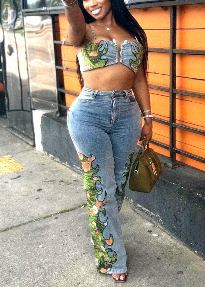 Women Sexy Floral Stretch Wrap Top and Denim Pants Two-Piece Set 10