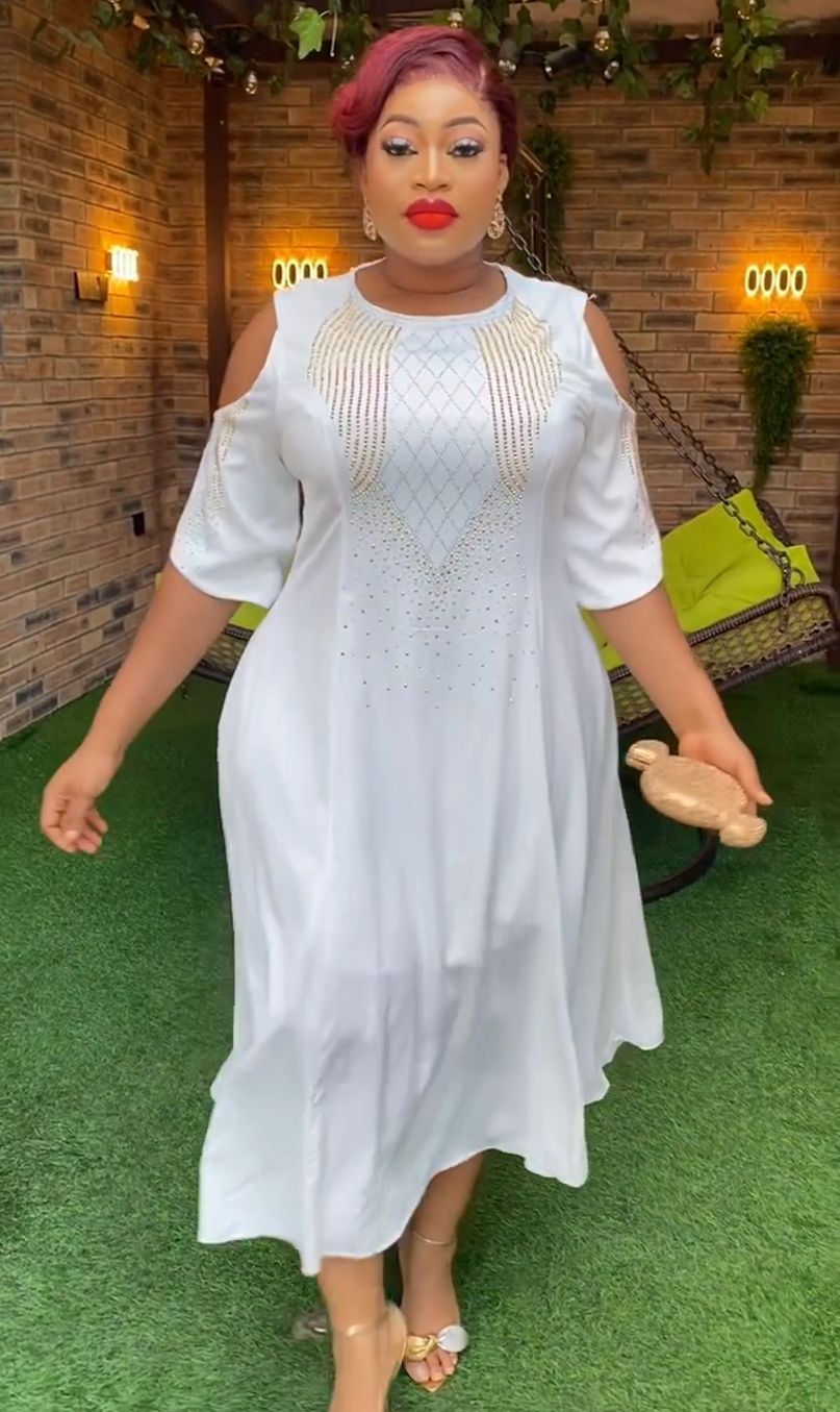 African Women Plus Size Off Shoulder Half Sleeve Beaded Dress 5