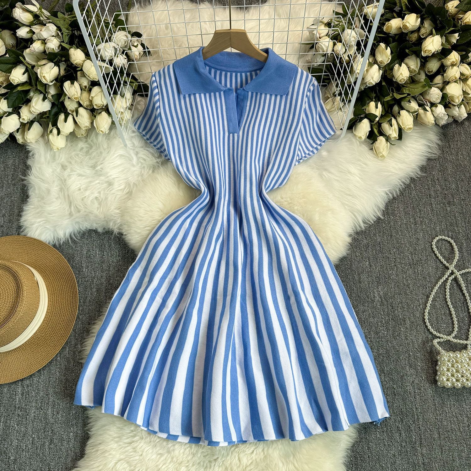 Contrast Turndown Collar Short-Sleeved Striped Women's Slim Waist Knitting Dress 6