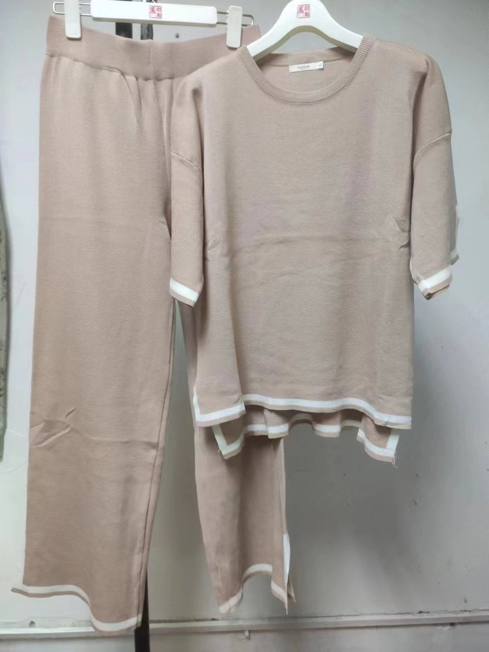 Women summer knitting short-sleeved Topand wide-leg pants two-piece set 30