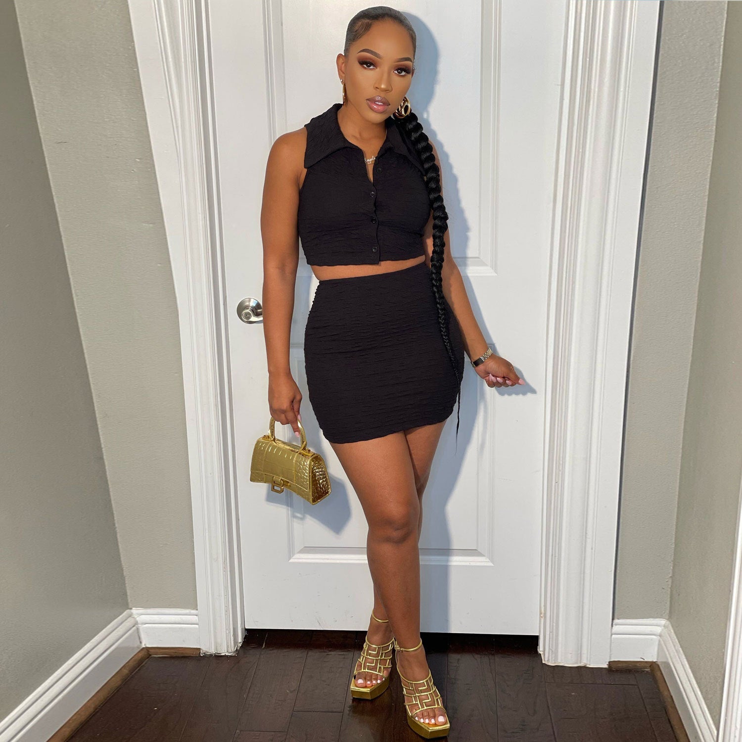 Women Sexy Solid Sleeveless Shirt Slim Nightclub Skirt Two Piece Set 3