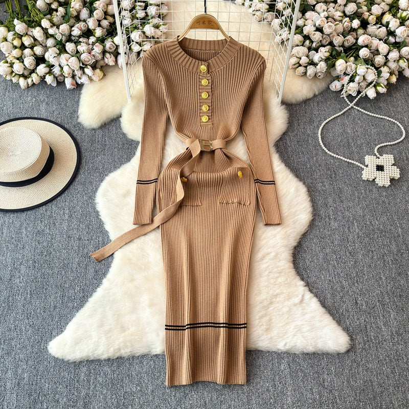 Women Fall/Winter Round Neck Knitting Belted Bodycon Sweater Dress 11
