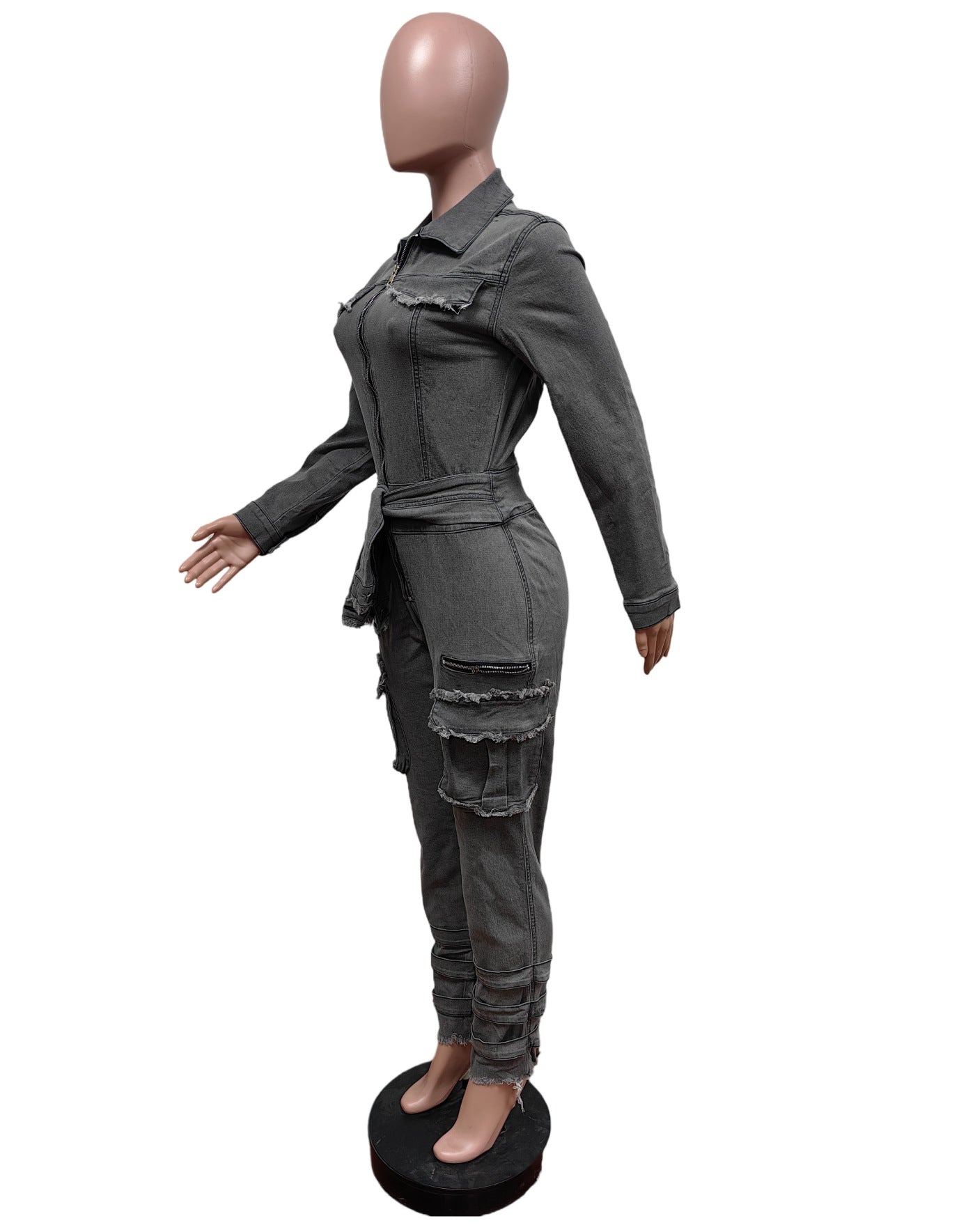 Women Tie Stretch Belt Denim Jumpsuit 9