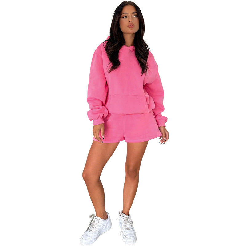 WomenSolid Long Sleeve Hoodies and Casual Shorts Two-Piece Set 19