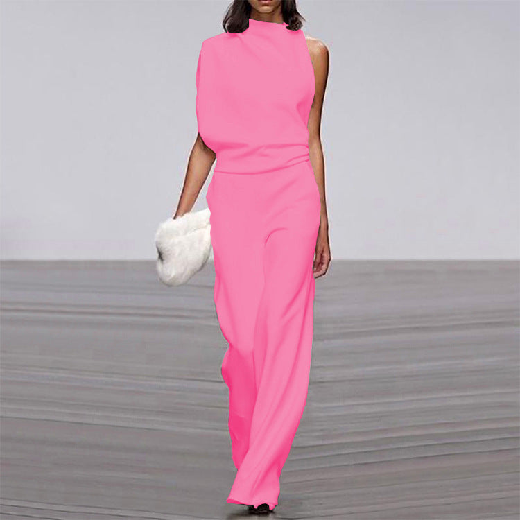 Women Pants Solid One Shoulder Stacked Collar Jumpsuit 20
