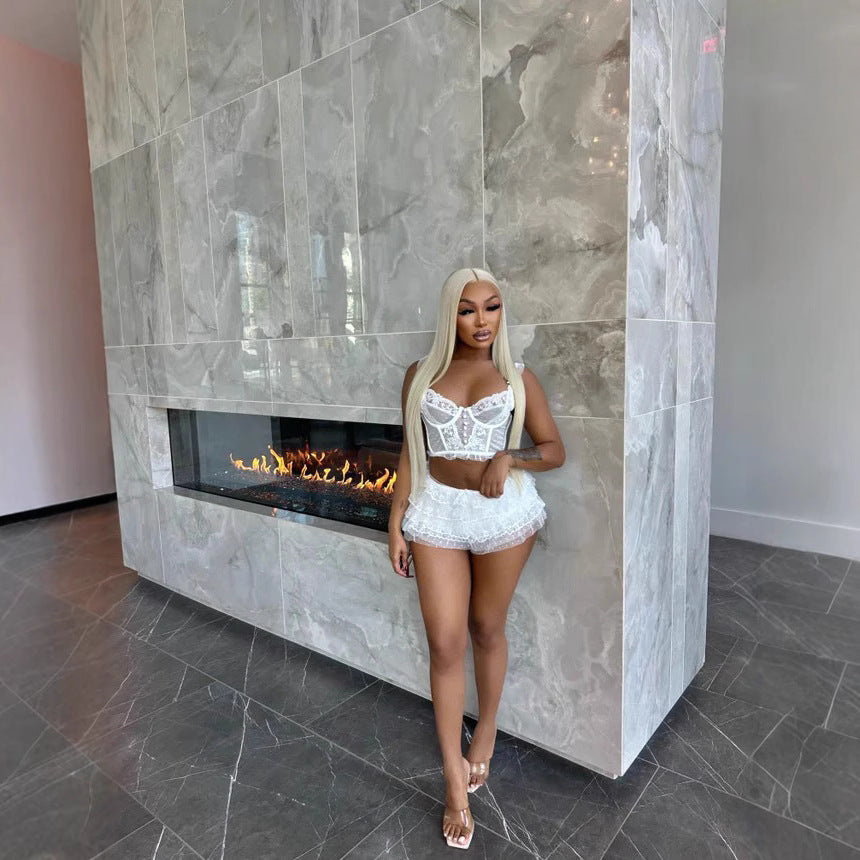 Plus Size Women Summer Sexy Lace Hollow Top and Skir Two-Piece Set 6