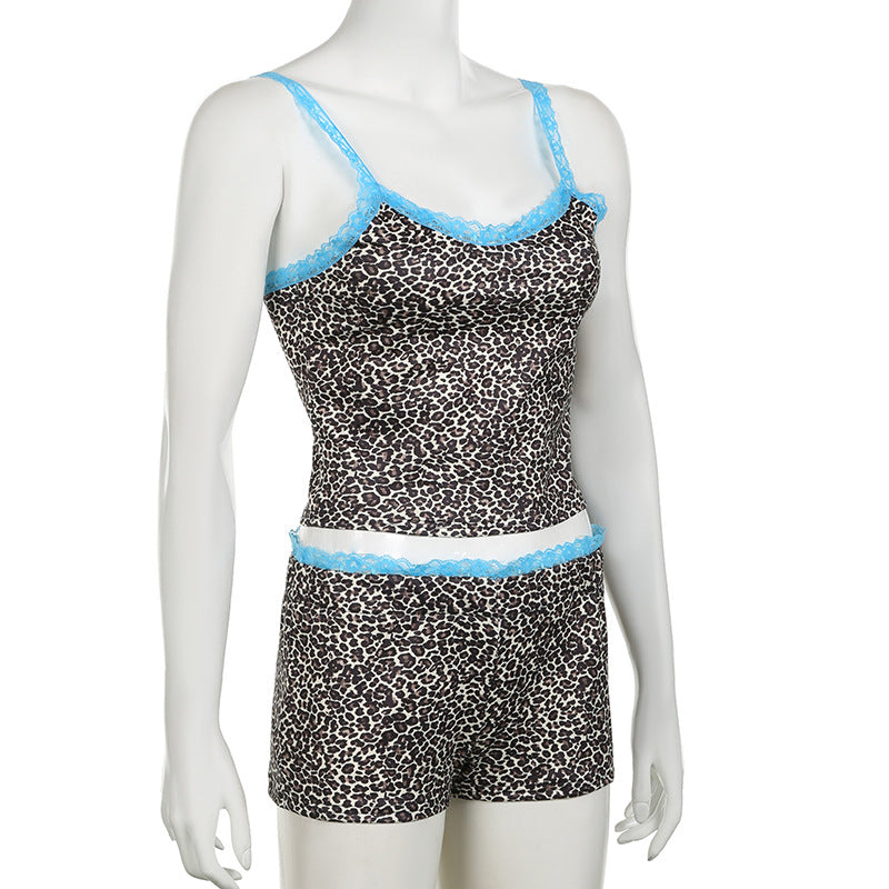 Women Leopard Lace Vest and Shorts Two-piece Set 7