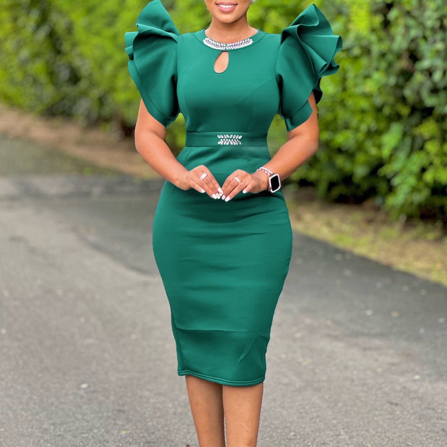 Women Summer Round Neck Ruffle Sleeve Diamond Hollow Bodycon Dress