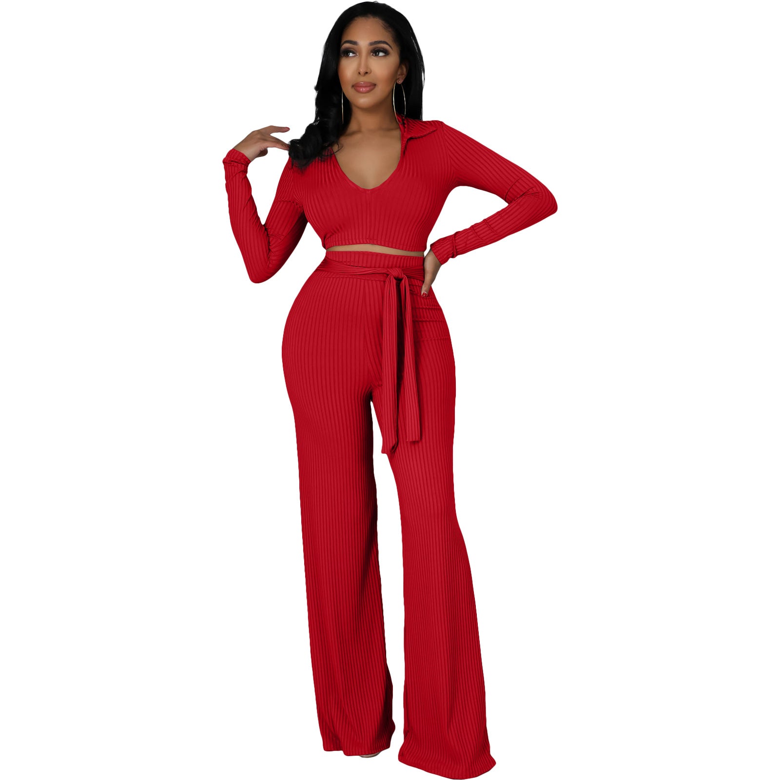 Women Solid V neck Top and Bell Bottom Pant two-piece set 6