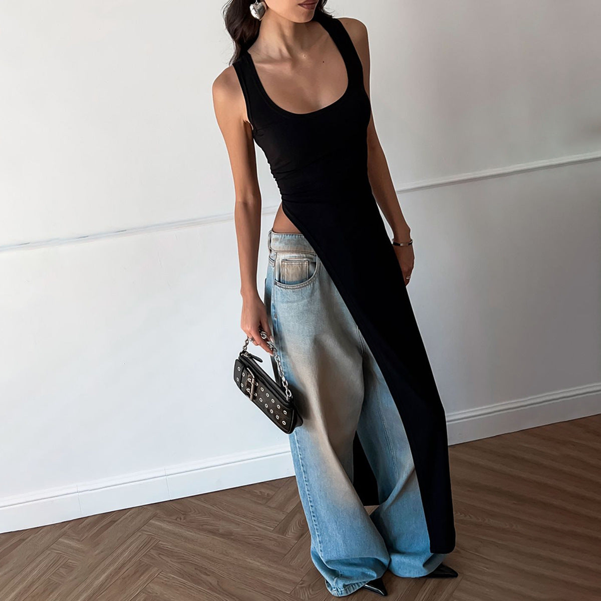 Women's Summer Fashion Style Slim Wide Strap U Neck Slit Long Dress 6