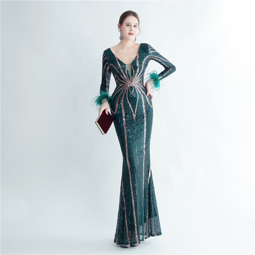 Women sequined ostrich fur long-sleeved evening dress 3