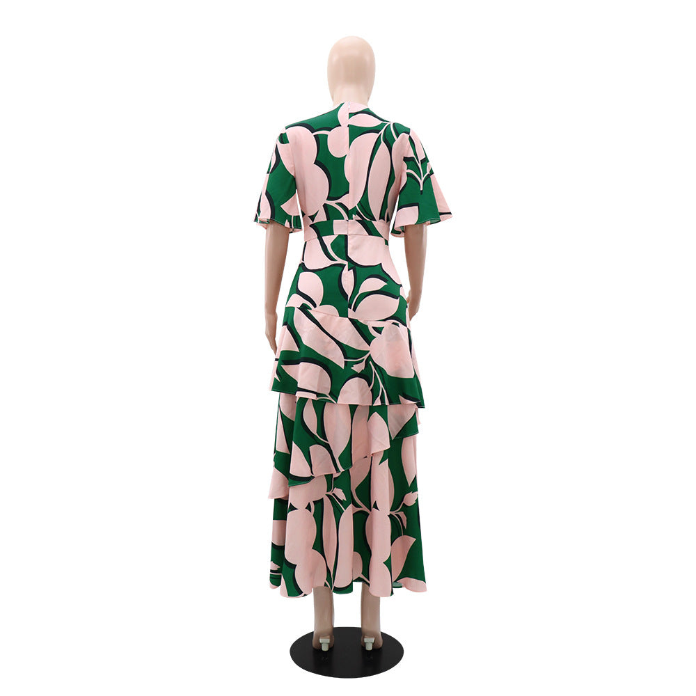 Women Casual Dress V-Neck Button Design Irregular Cascading Ruffles Dress 4