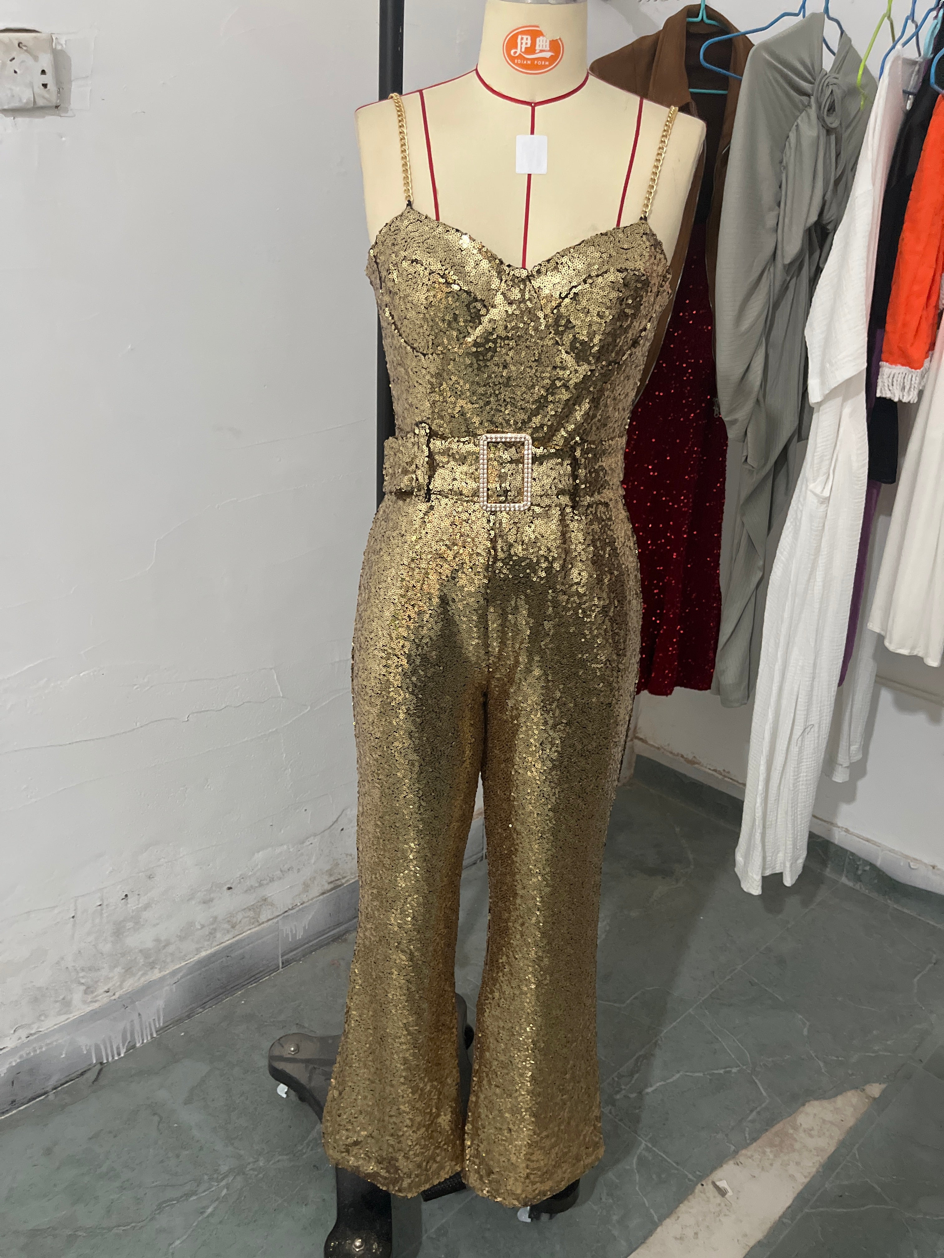Spring And Winter Fashion Sexy Chain Belt Sequin Jumpsuit 6
