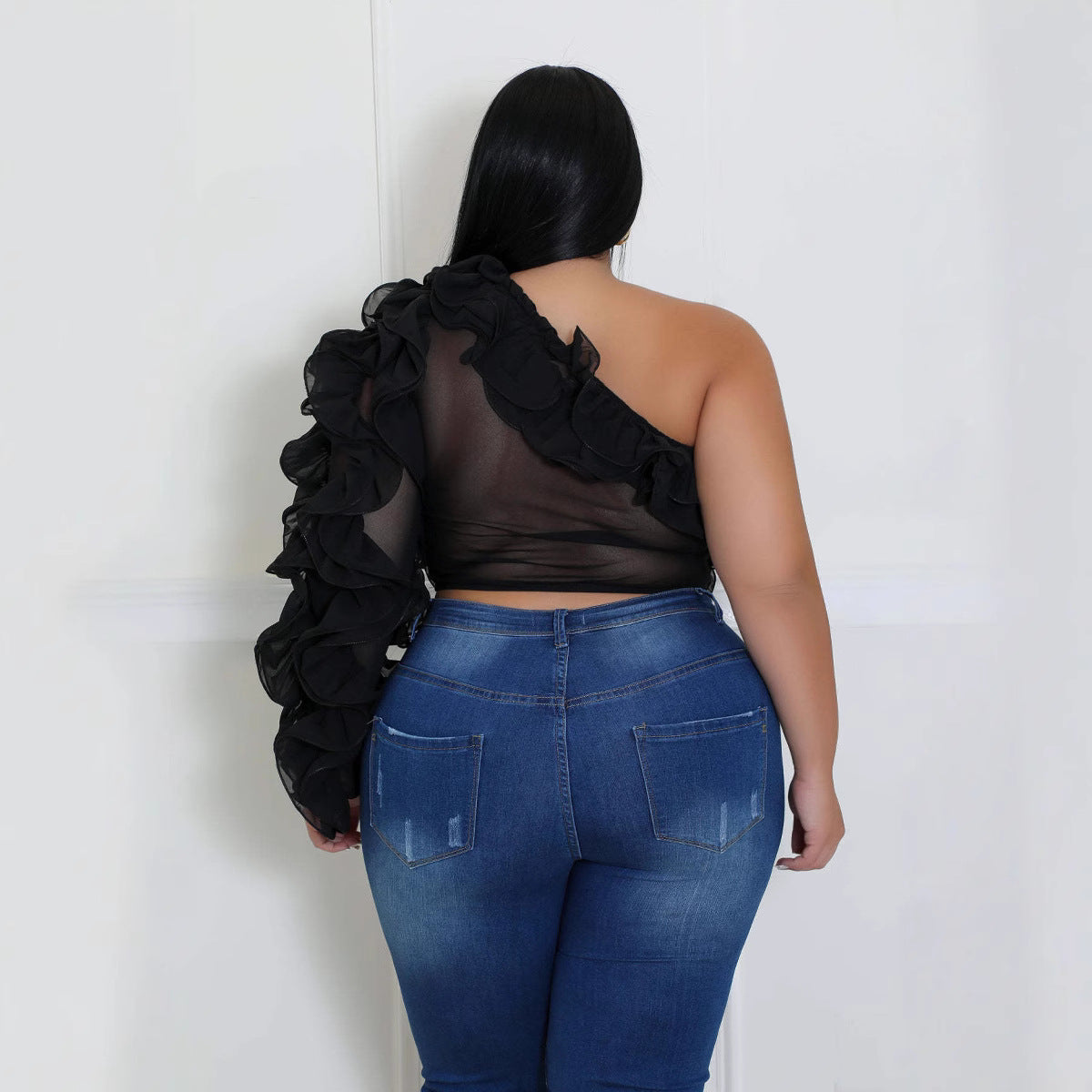 Plus Size Women's Slash Shoulder Long-Sleeved Sexy Solid Color See-Through Mesh Top 7