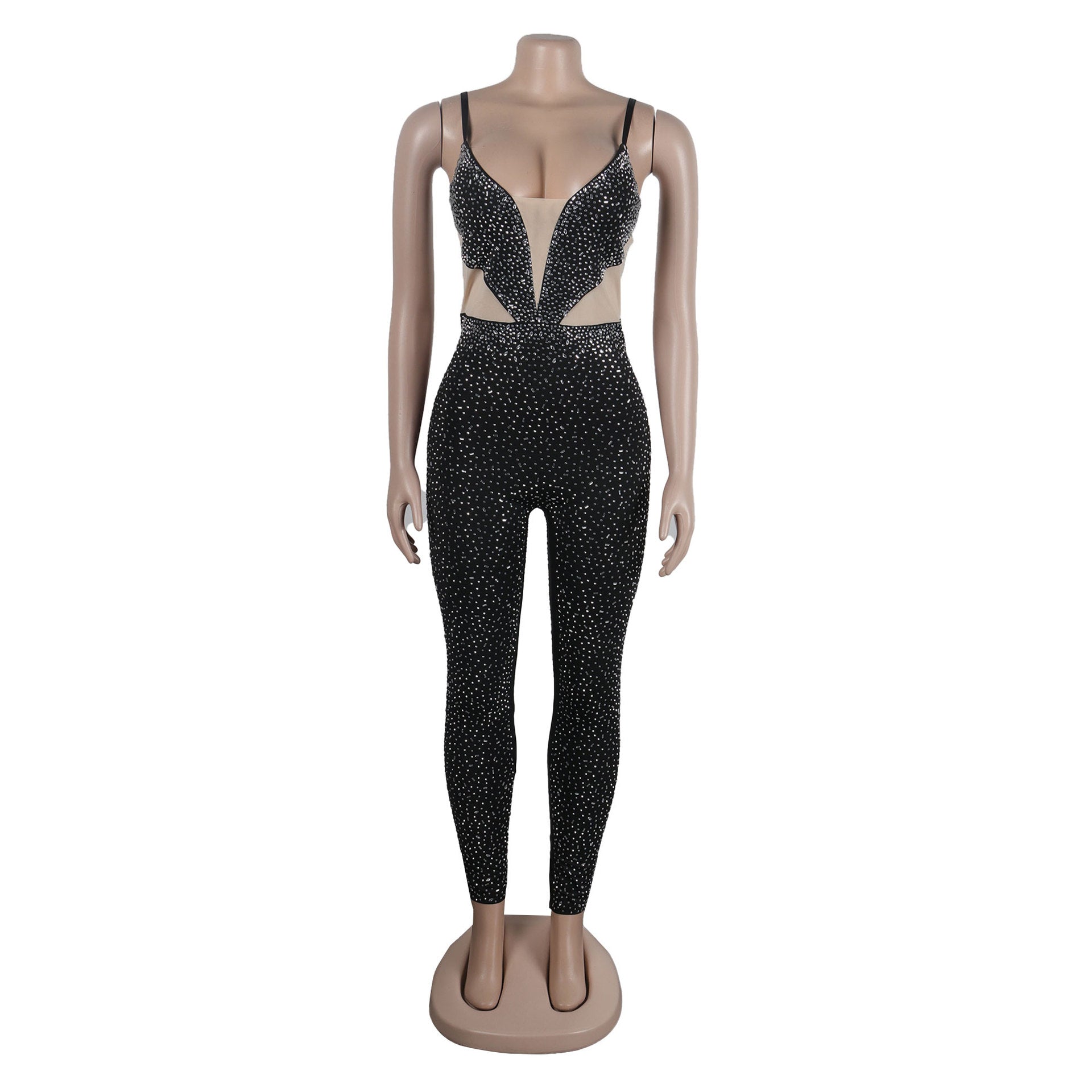 Women Beaded Stretch Suspender Bodycon Jumpsuit 17