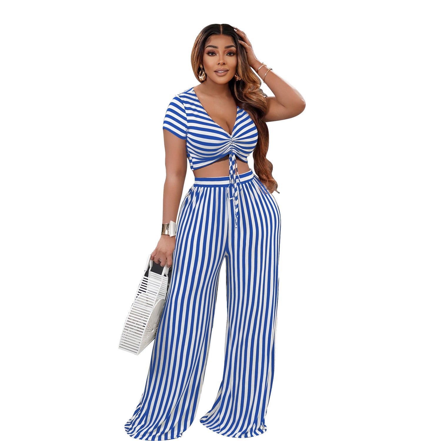 women's two-piece striped print two-piece short-sleeved v-neck loose spring and summer 3
