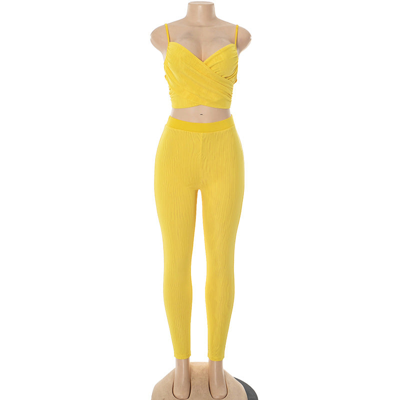 Women's Spring-Summer Hollow Pleated Crop Top Skinny Pants Set 8