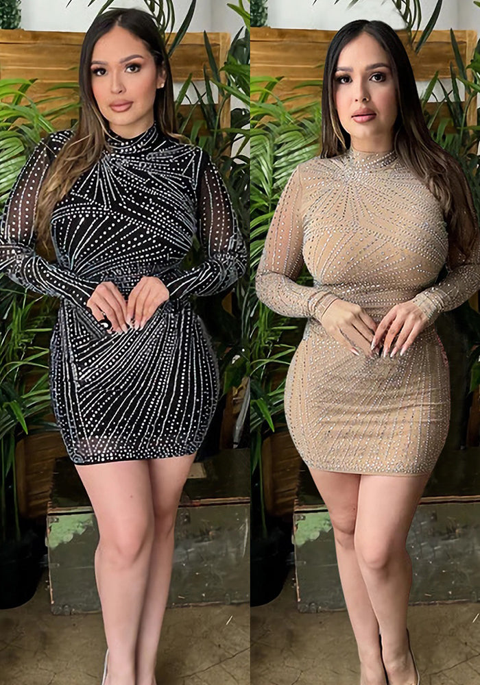 Fashionable women's Beaded Mesh Round Neck long dress（customized,MOQ 6pcs/size/color,process time 7-10 days）