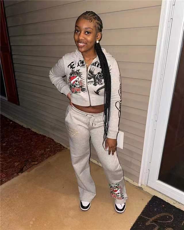 Autumn And Winter Women's Fashion Casual Printed Zipper Hooded Two Piece Tracksuit 6