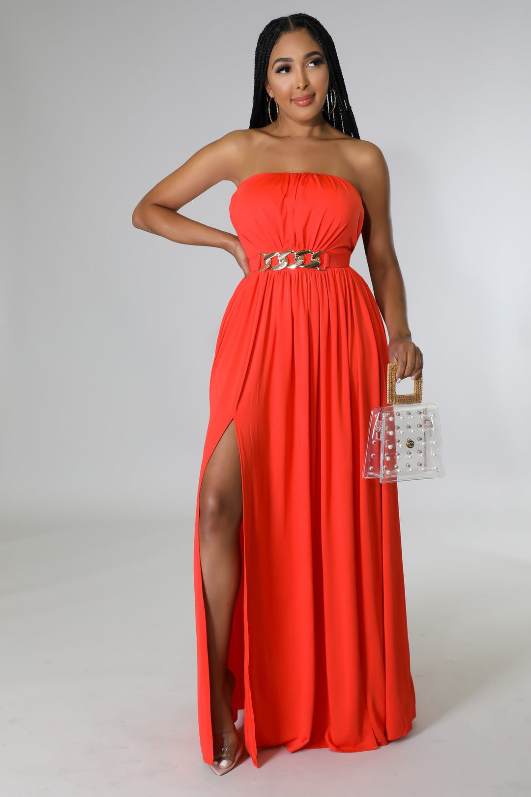 Women Solid Strapless Slit Belt Dress 7