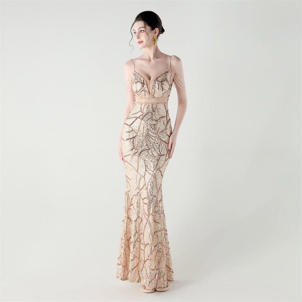 Women beaded cross Lace-Up v-neck fishtail Formal Party evening dress 4