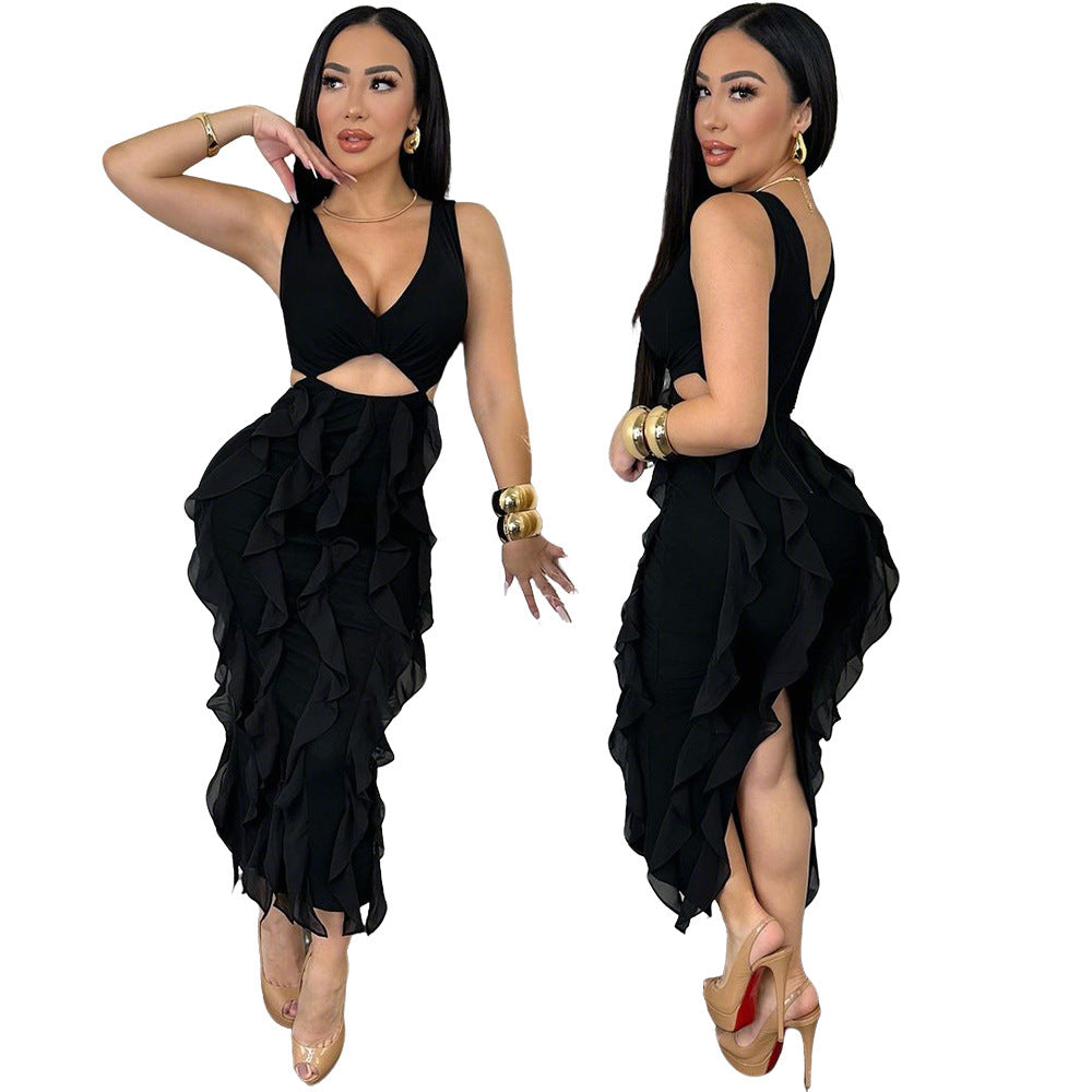 Women Sexy V-Neck Sleeveless Solid Ruffle Slit Dress 5