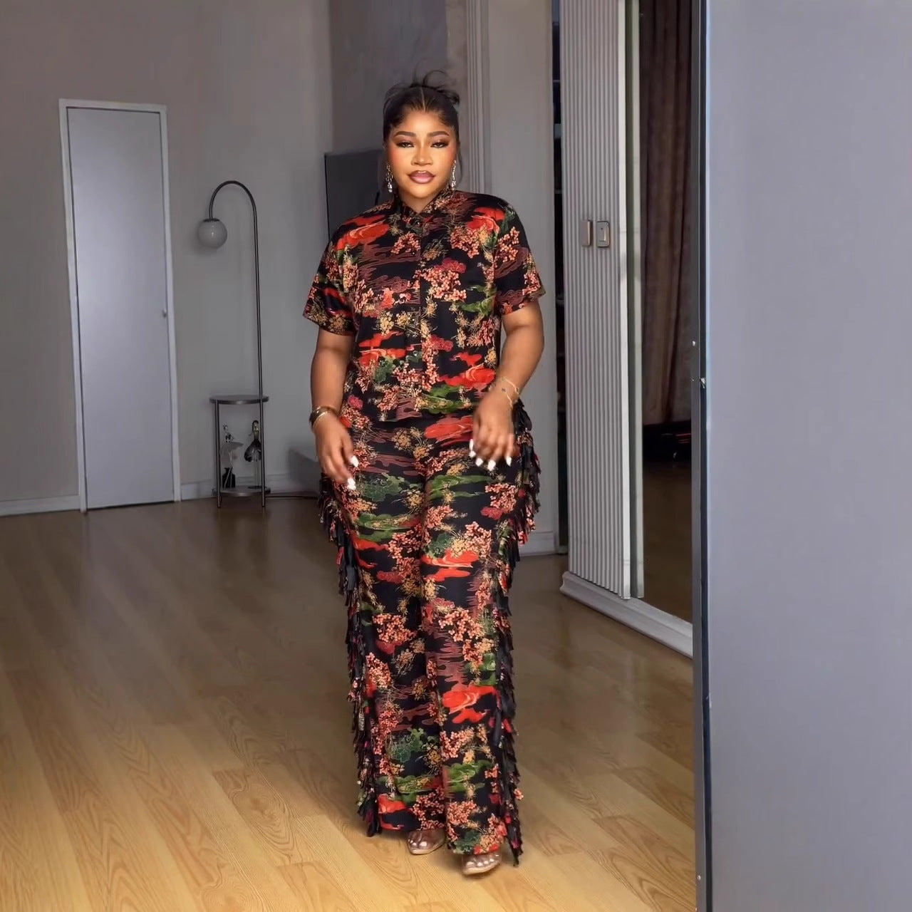 Elegant Career Casual Turn-Down Collar Printed Short-Sleeve Two-Piece Pants Set 4