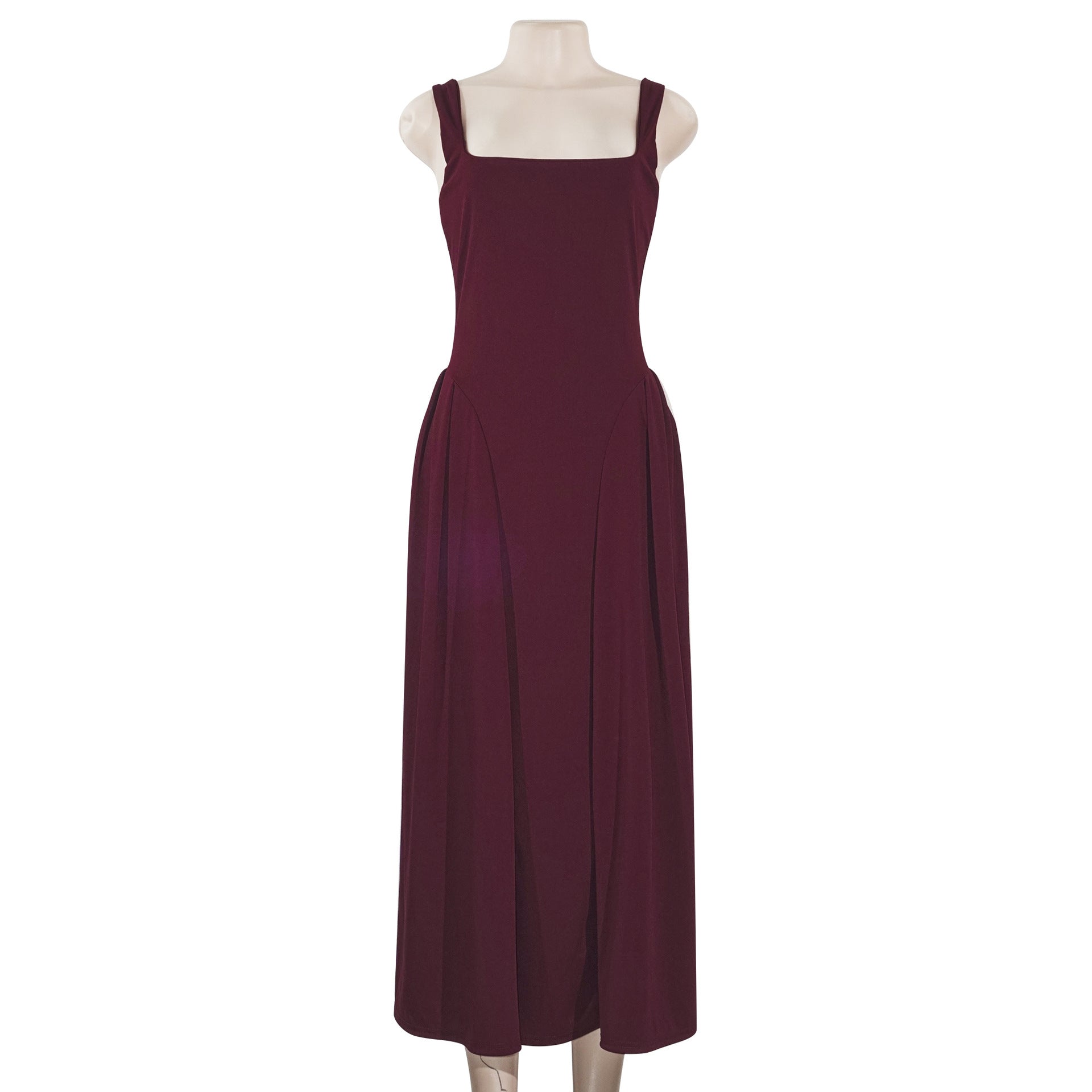 Spring Women's Square Neck Strap Retro Slim Midi Dress 6