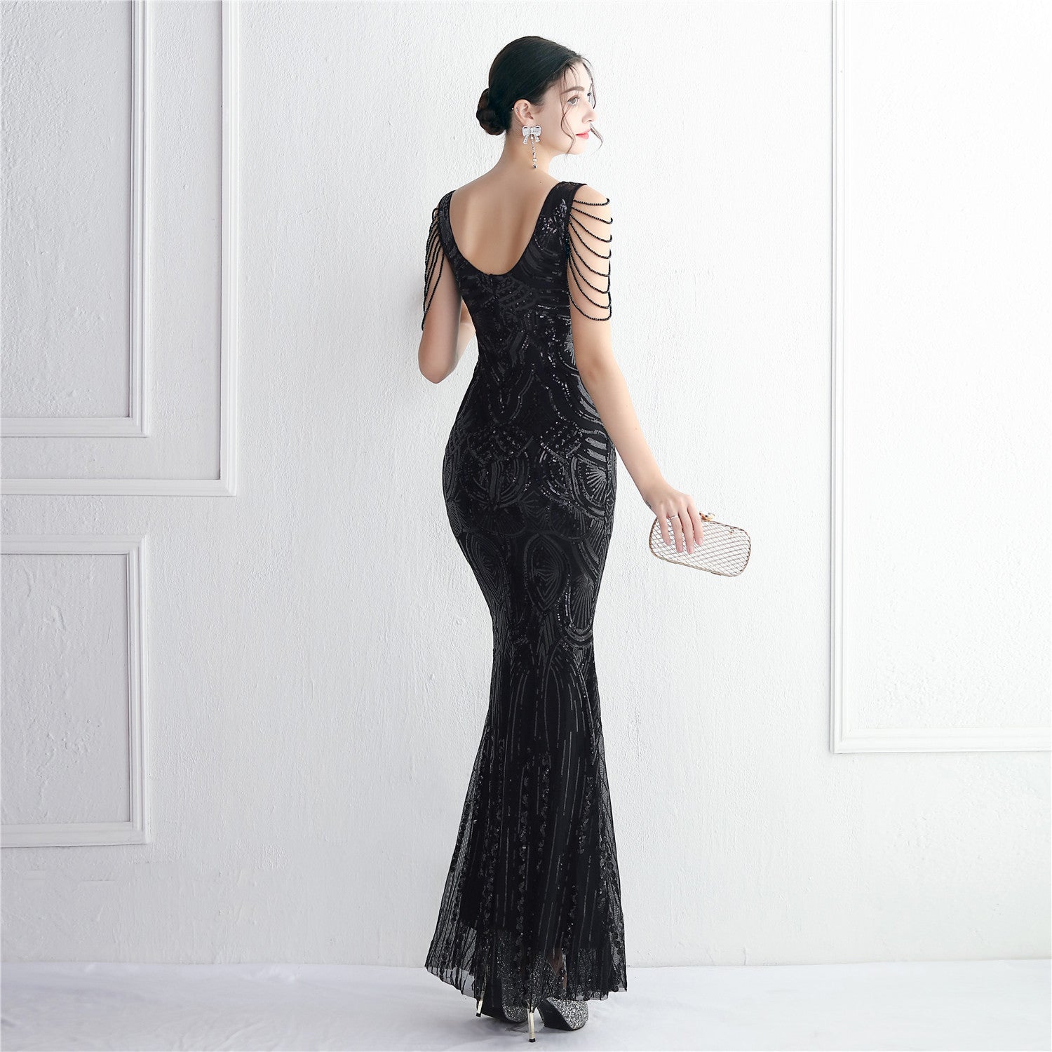 WomenElegant Sequins V Neck Evening Dress 8
