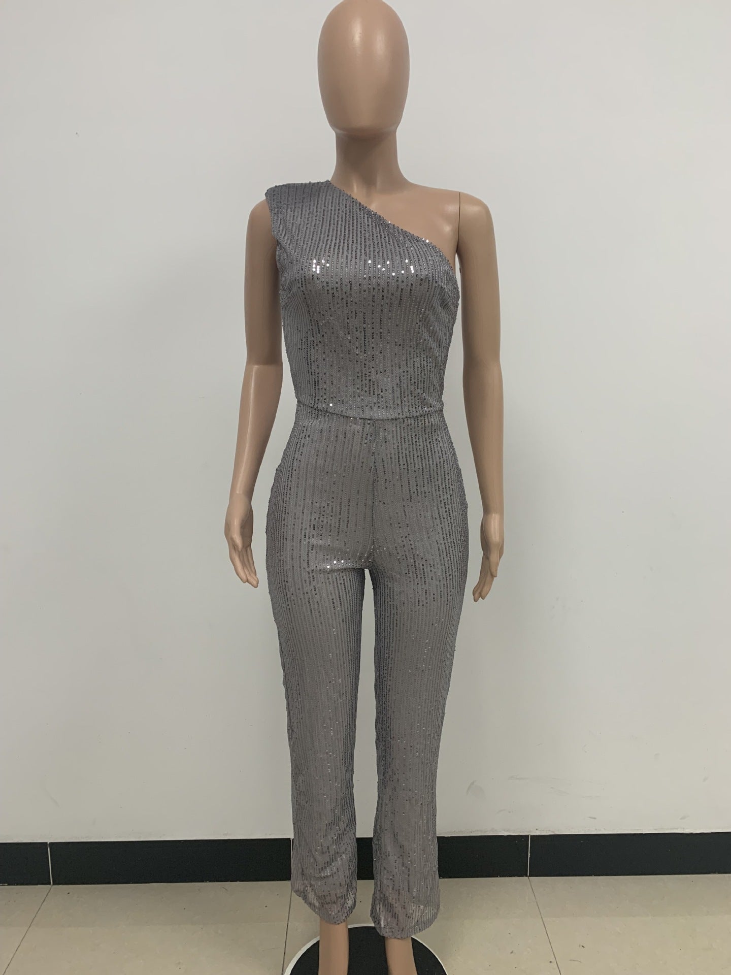 Women's Sleeveless One Shoulder Low Back Sequined Jumpsuit 51