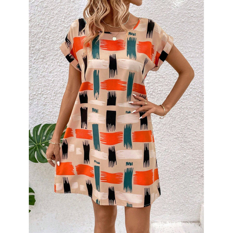 Women Summer Short-sleeved Printed Bat Sleeves Round Neck Dress 7