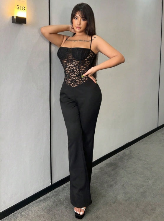 Women sexy lace off-shoulder suspender flared Jumpsuit 6