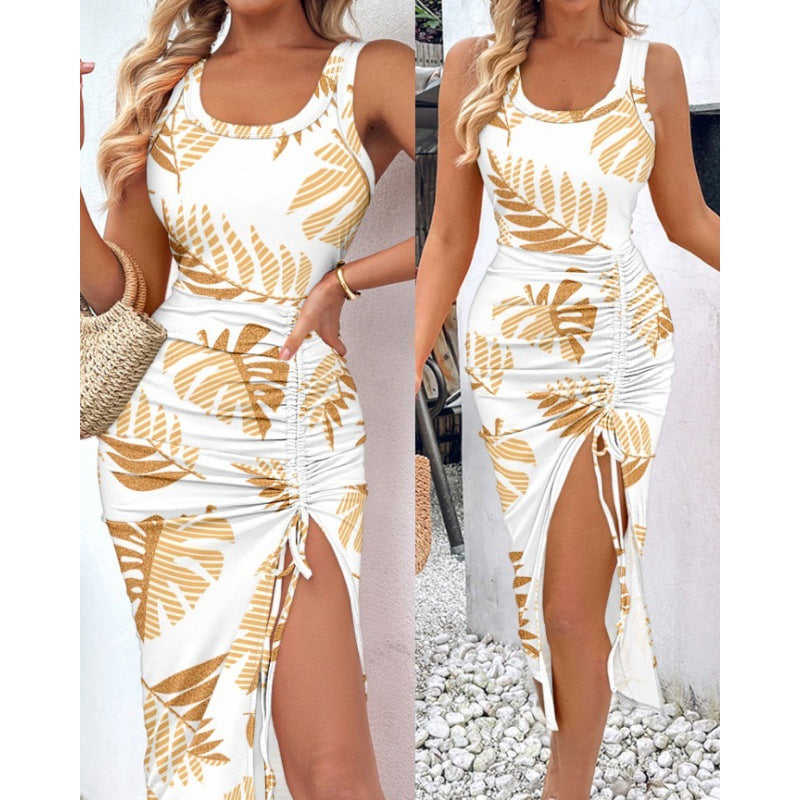 Fashion Printed Sleeveless Slim Waist Slim Sexy Slit Dress 17