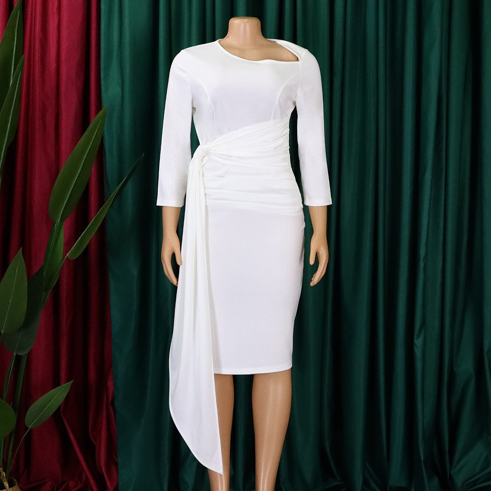 Women's Fall/Winter Solid ol Chic Career Ruched Belted Midi Dress 13