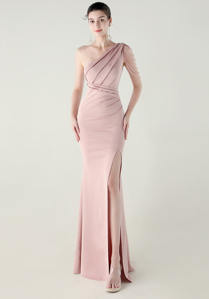 Women strapless satin pleated fishtail slit evening dress