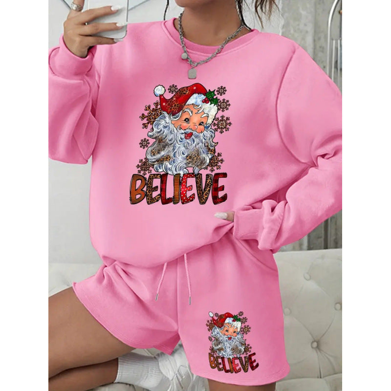 Women Round Neck Long Sleeve Top and Shorts Casual Two-piece Set 11