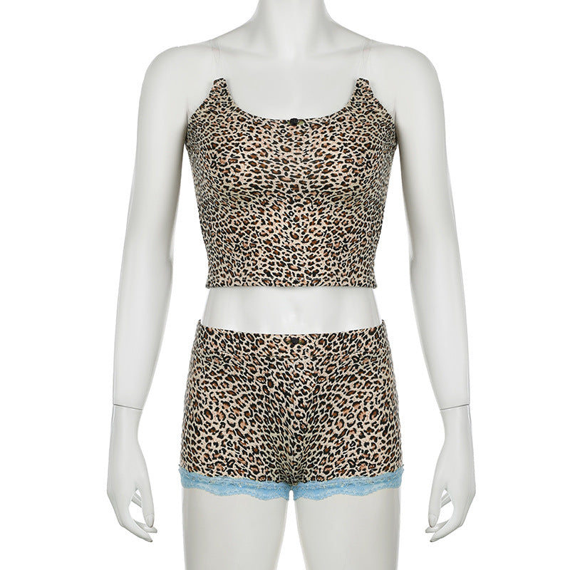 Sexy Women's Summer Leopard Home Wear Tight Fitting Strap Vest Contrast Shorts Two-Piece Set 6