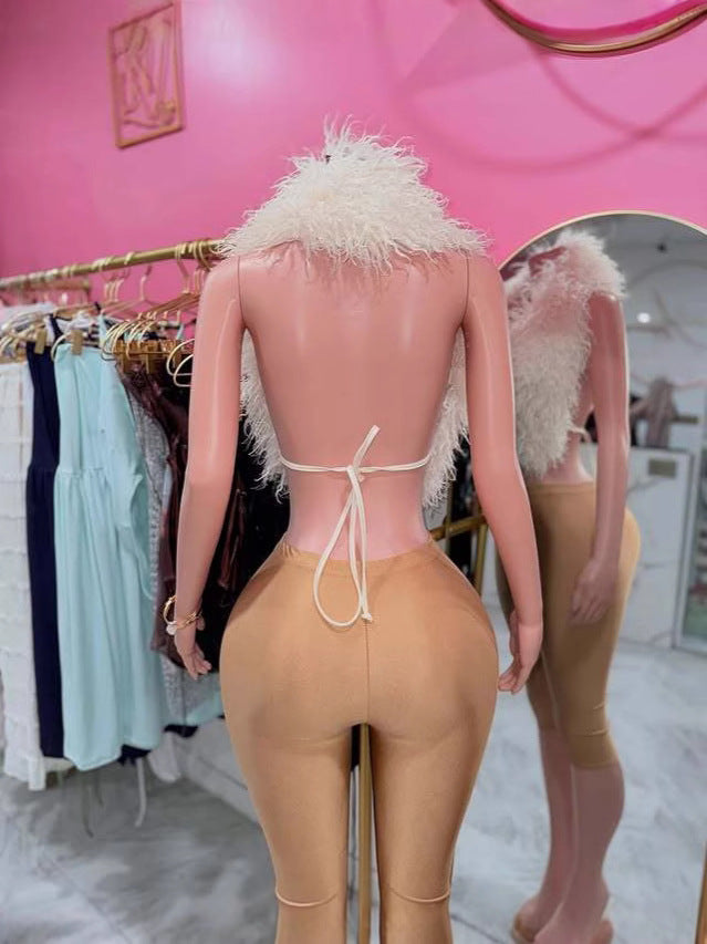 Women Sexy Fake Fur Top and Cropped Pants Set 6
