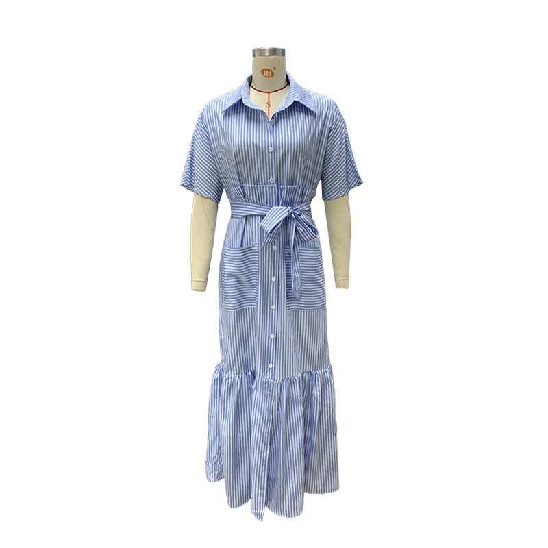 Women Chic Stripe Turndown Collar Maxi Dress 5