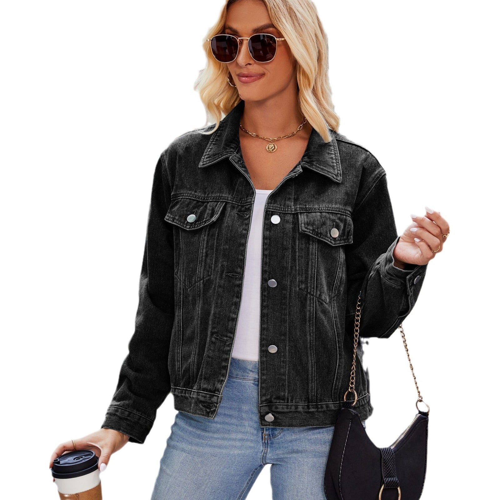 Women Washed Crop Long Sleeve Denim Jacket 9