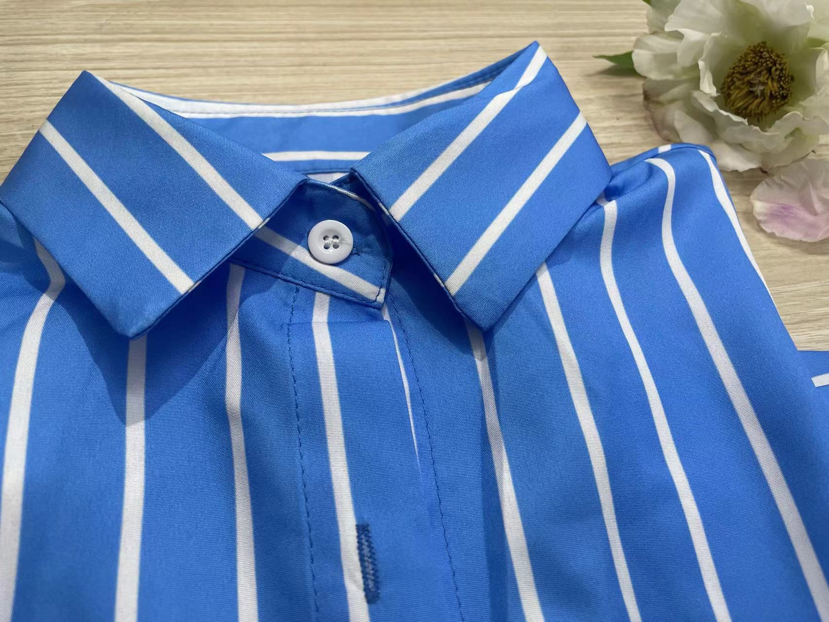 Spring Casual Blue And White Striped Career Loose Shirt 15