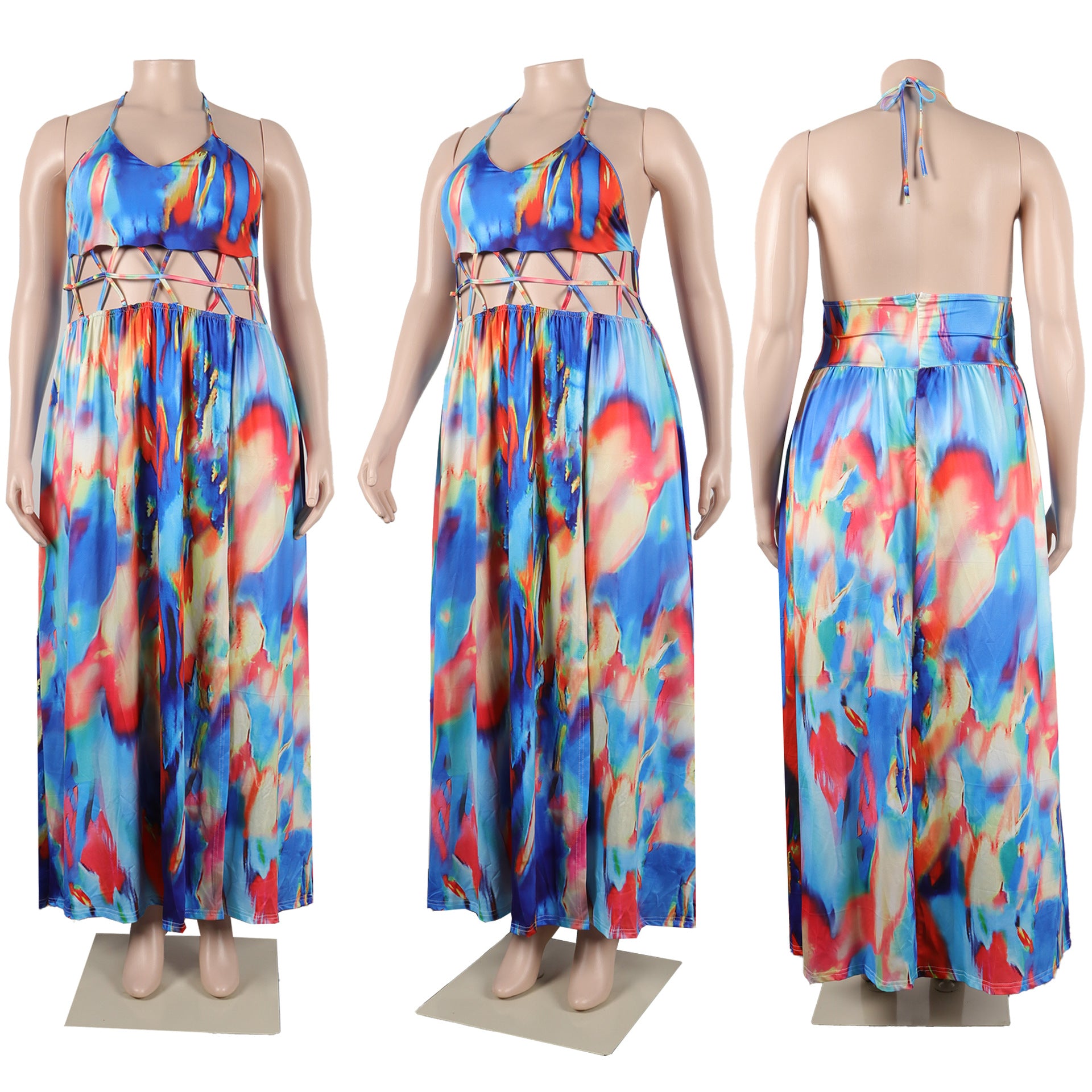 Women Print Cutout Halter Neck Lace-Up Slit Dress 12